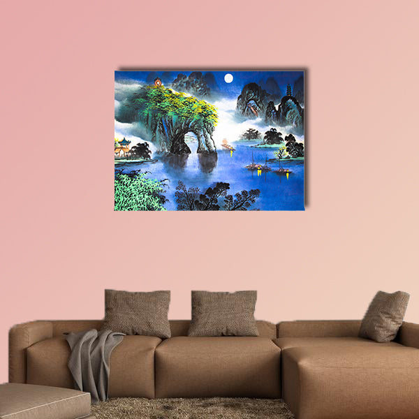 Chinese landscape watercolor painting multi panel canvas wall art
