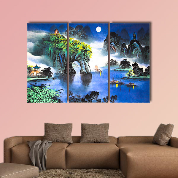 Chinese landscape watercolor painting multi panel canvas wall art