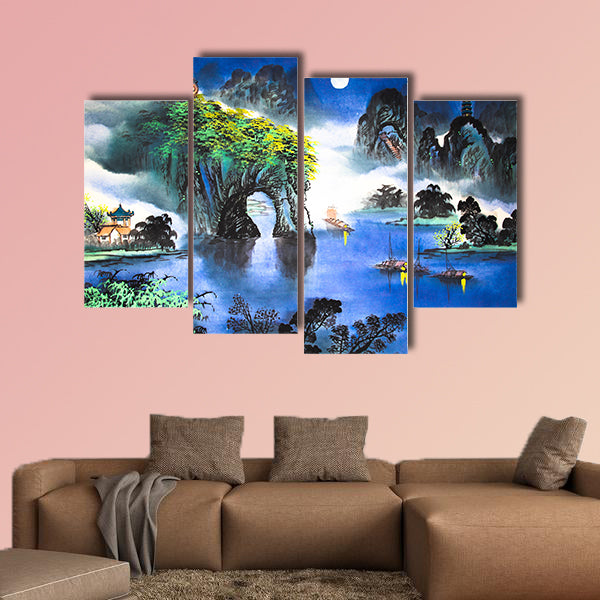 Chinese landscape watercolor painting multi panel canvas wall art