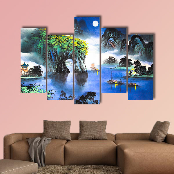 Chinese landscape watercolor painting multi panel canvas wall art