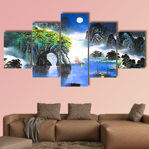 Chinese landscape watercolor painting multi panel canvas wall art