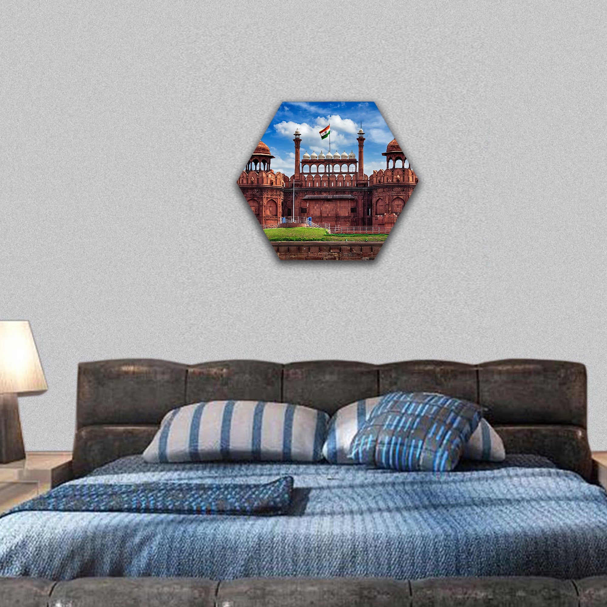 Red Fort (Lal Qila) Delhi with Indian flag - Delhi, India hexagonal canvas wall art
