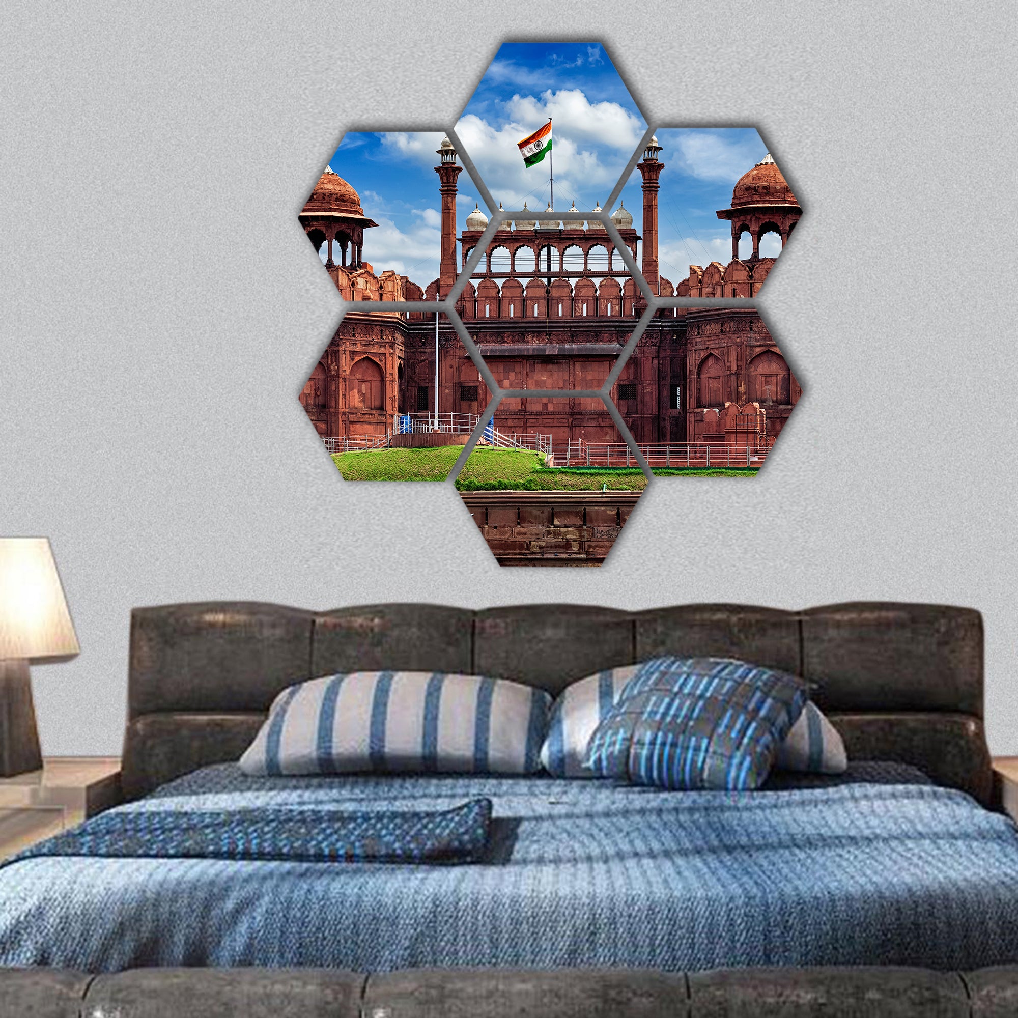 Red Fort (Lal Qila) Delhi with Indian flag - Delhi, India hexagonal canvas wall art