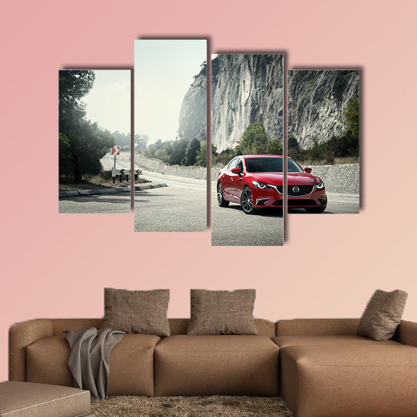 Red car Mazda standing on the road near mountains at daytime wall art