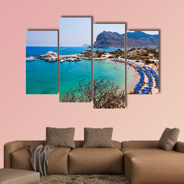 Kolymbia beach with the rocky coast in Greece multi panel canvas wall art
