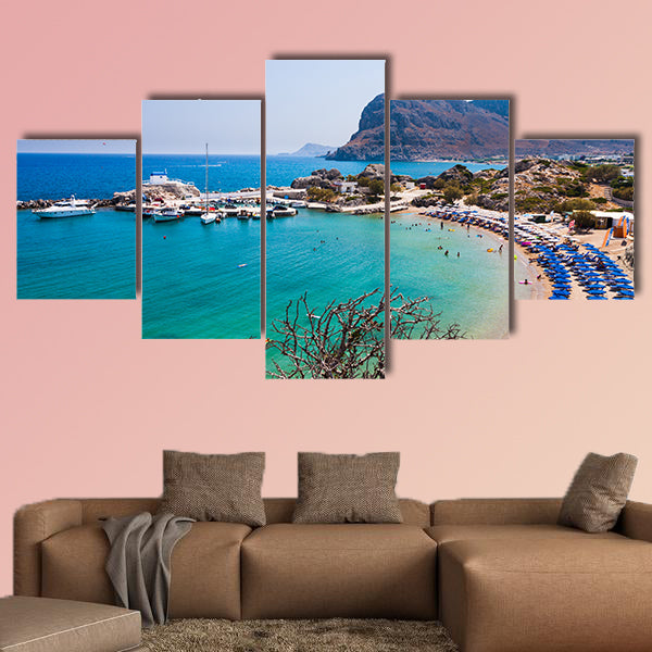 Kolymbia beach with the rocky coast in Greece multi panel canvas wall art
