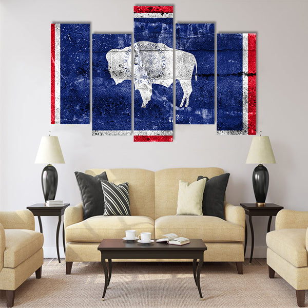 Flag of Wyoming State, painted on dirty wall Multi panel canvas wall art