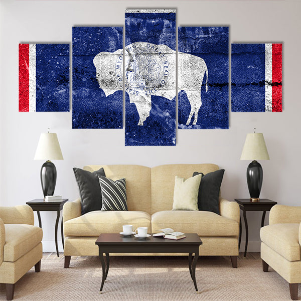 Flag of Wyoming State, painted on dirty wall Multi panel canvas wall art