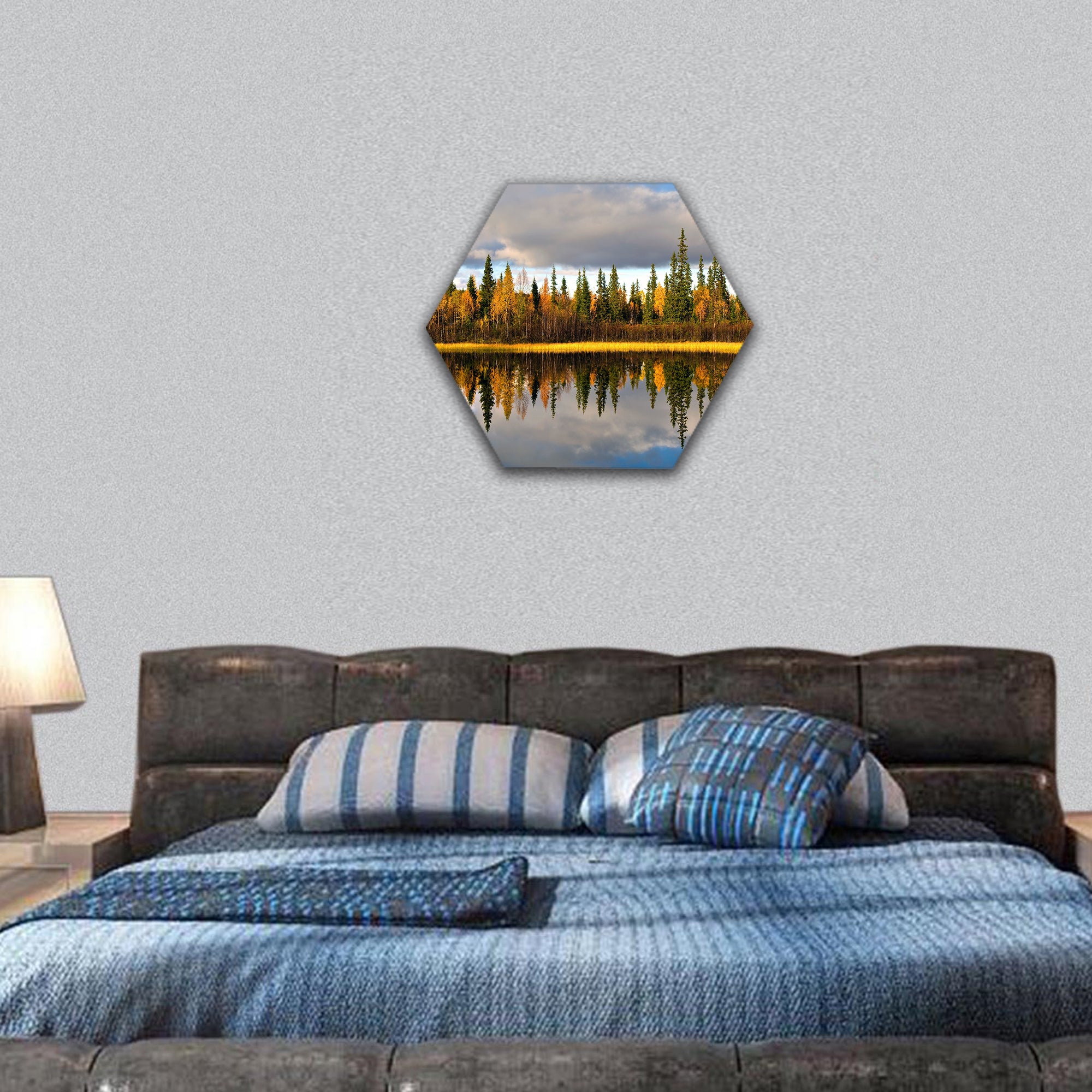 Autumn landscape reflection in water hexagonal canvas wall art