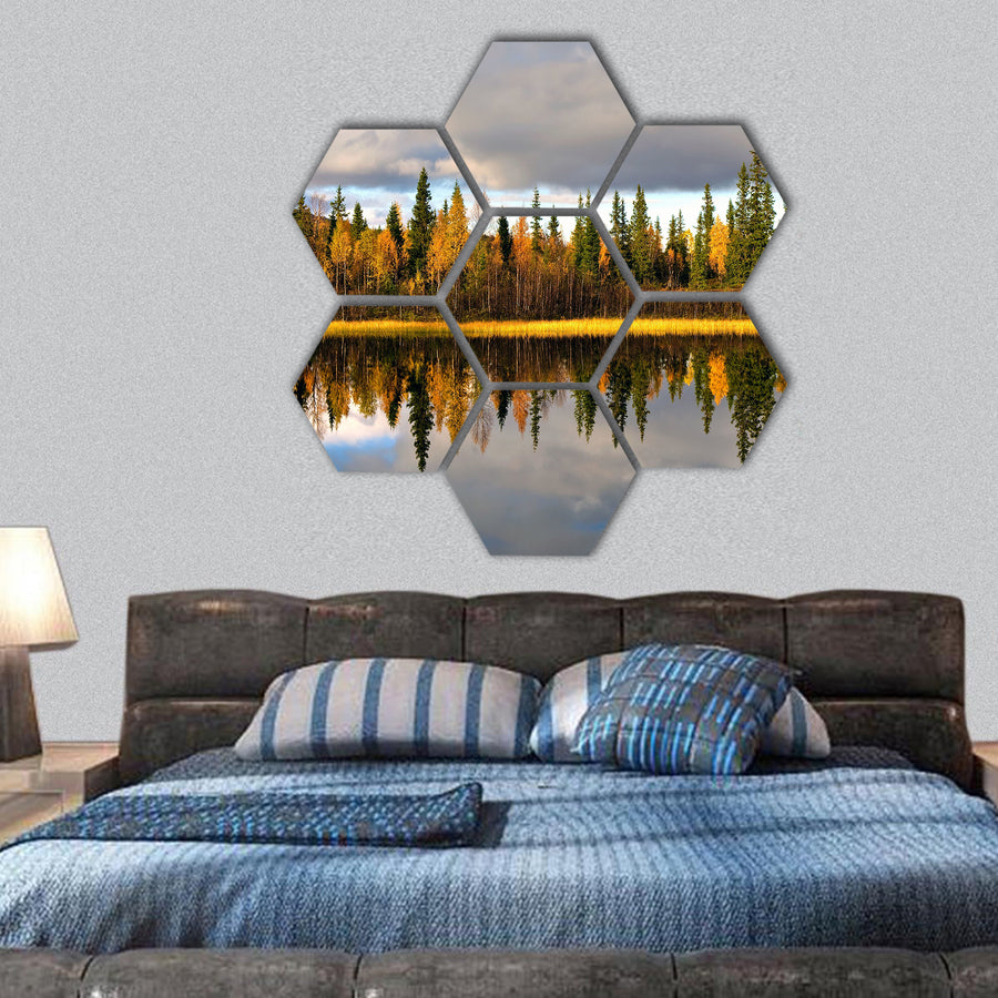 Autumn landscape reflection in water hexagonal canvas wall art