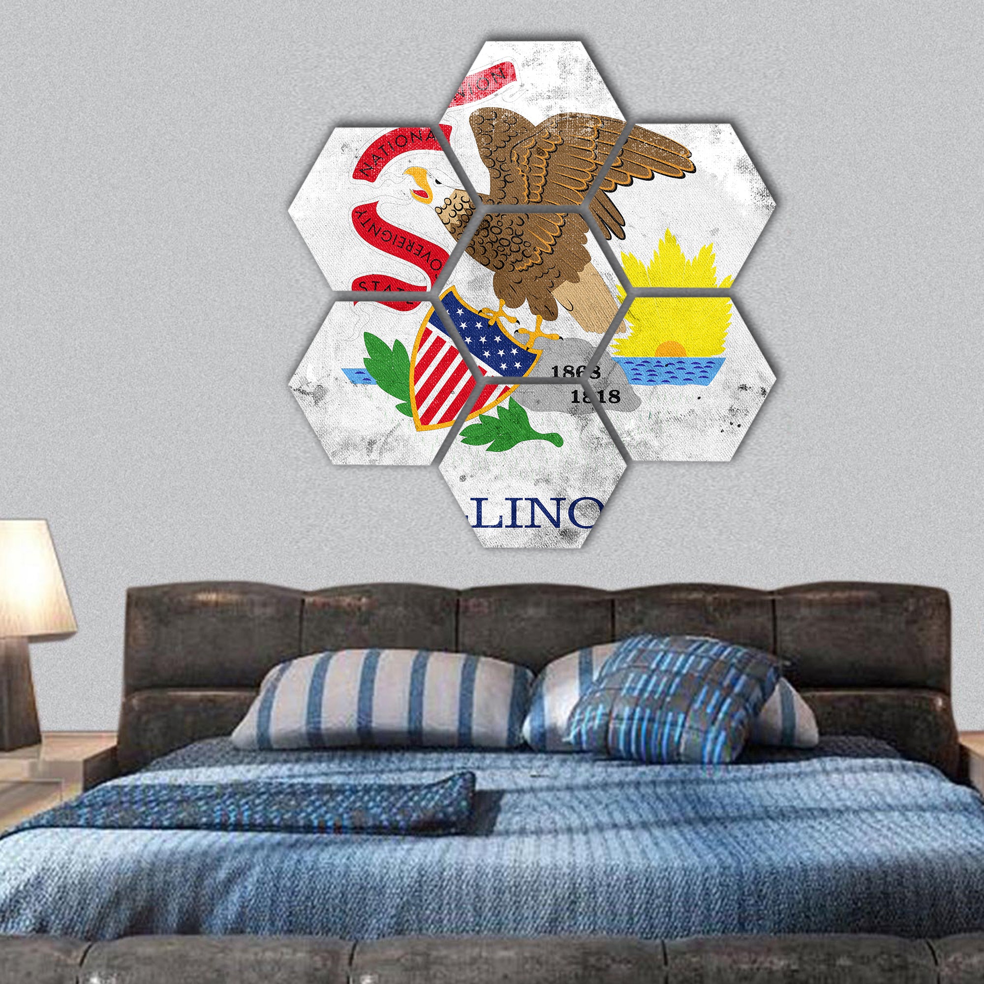 Flag of Illinois State with a vintage and old look hexagonal canvas wall art