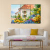 Oil painting landscape, house in the flower garden Multi Panel Canvas Wall Art