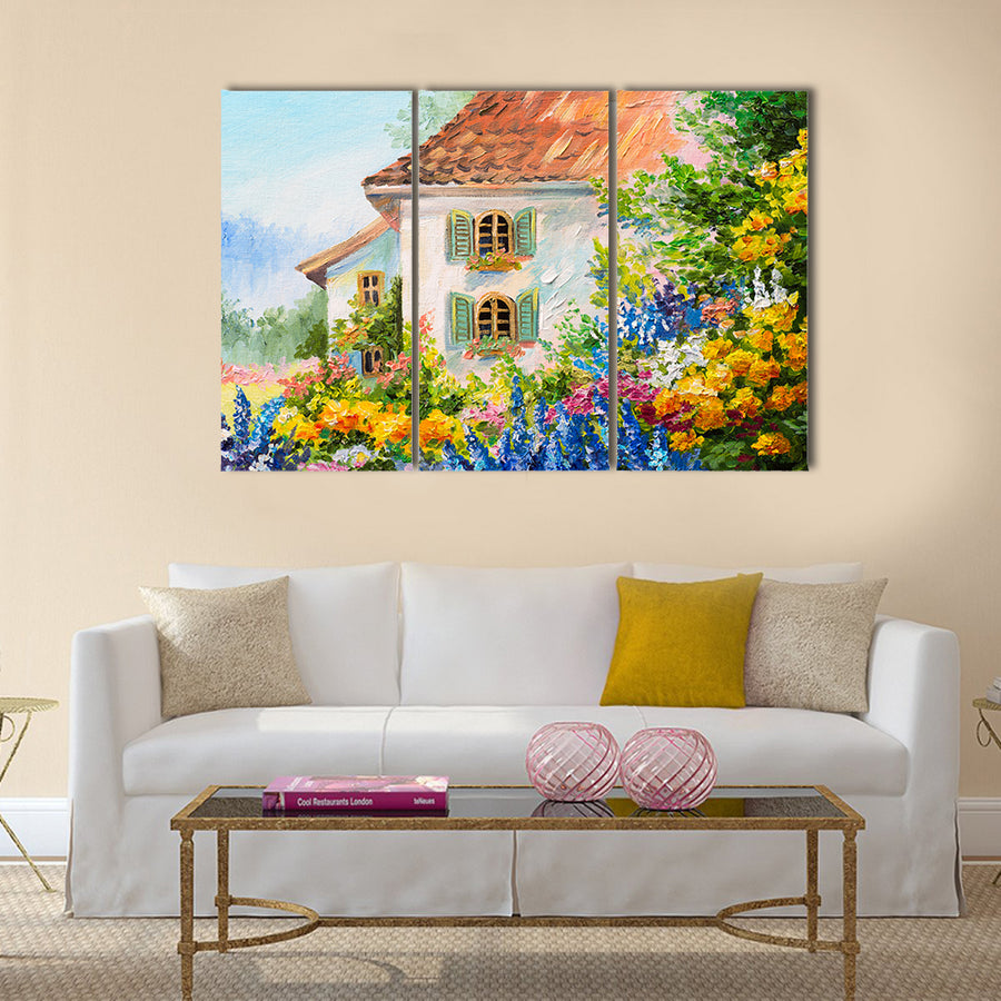 Oil painting landscape, house in the flower garden Multi Panel Canvas Wall Art