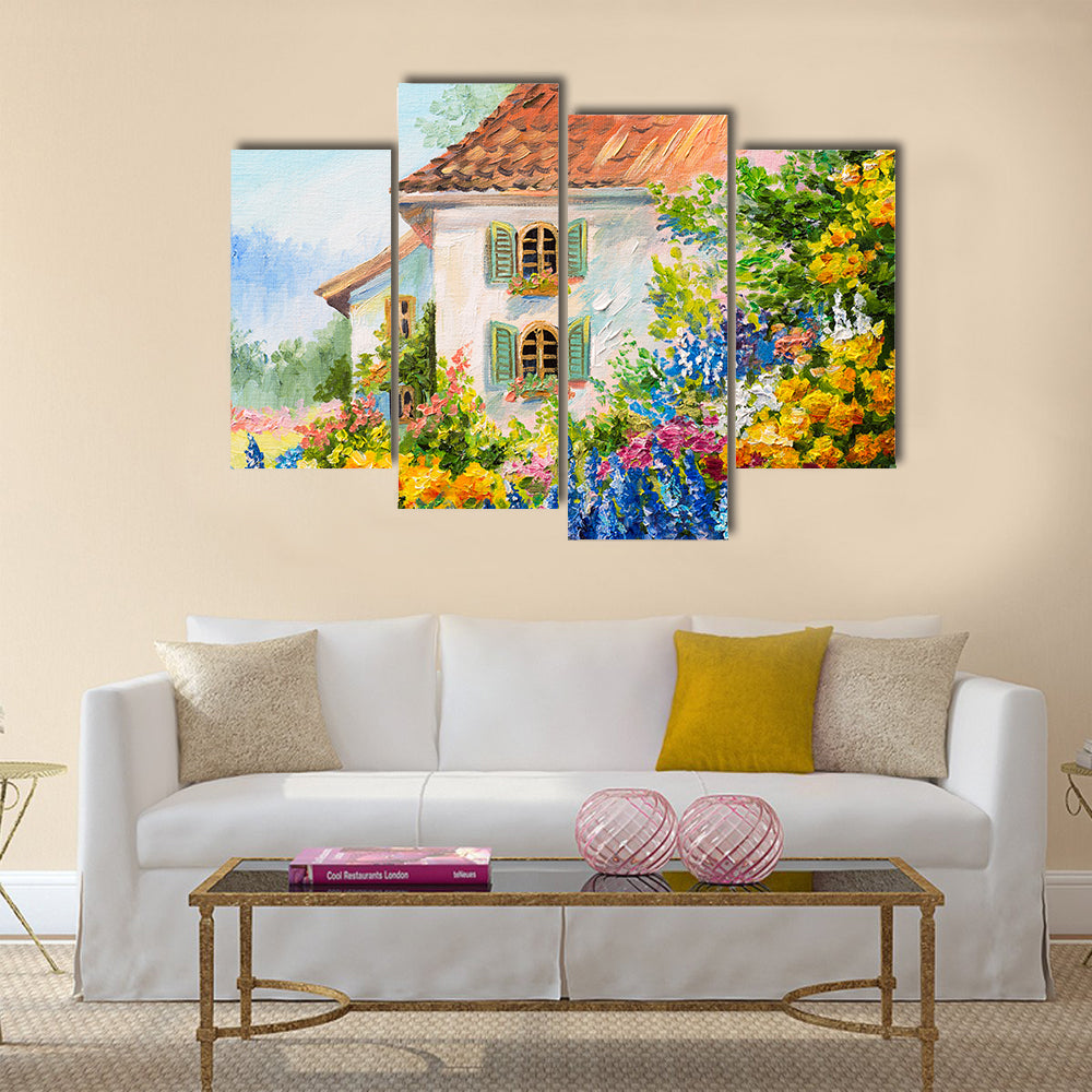 Oil painting landscape, house in the flower garden Multi Panel Canvas Wall Art