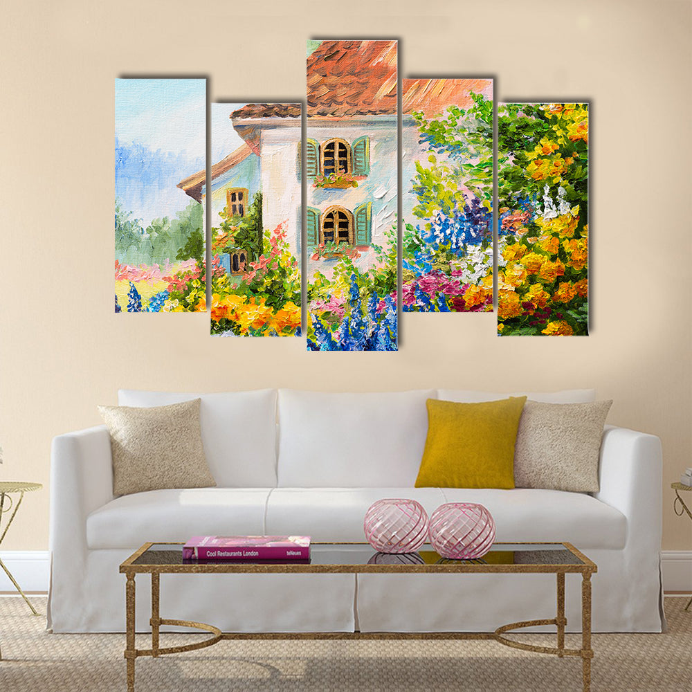 Oil painting landscape, house in the flower garden Multi Panel Canvas Wall Art