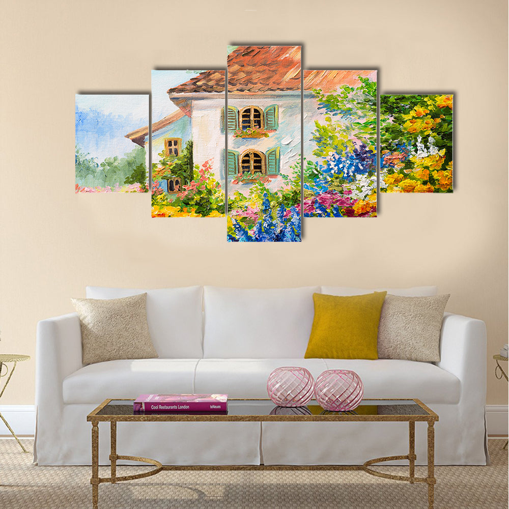 Oil painting landscape, house in the flower garden Multi Panel Canvas Wall Art