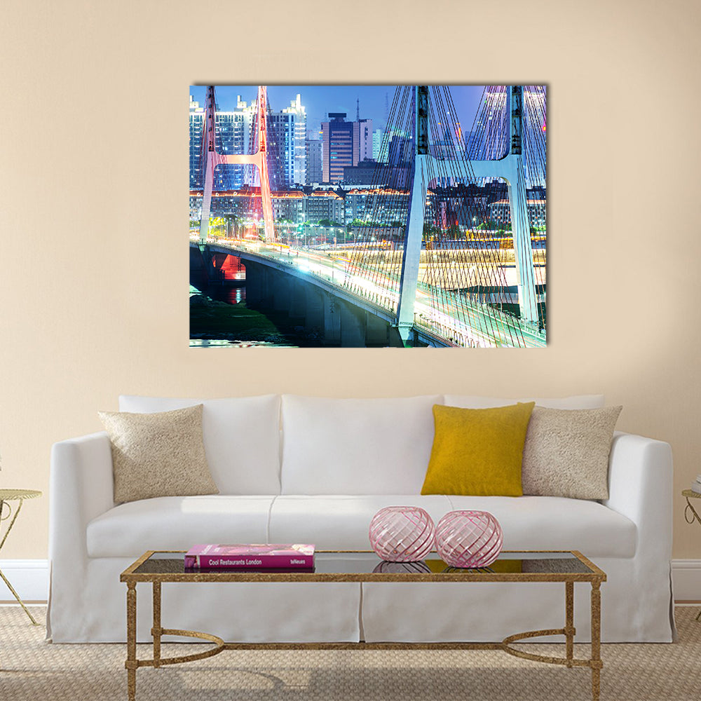 Night view of the bridge and city in shanghai china.  multi panel canvas wall art