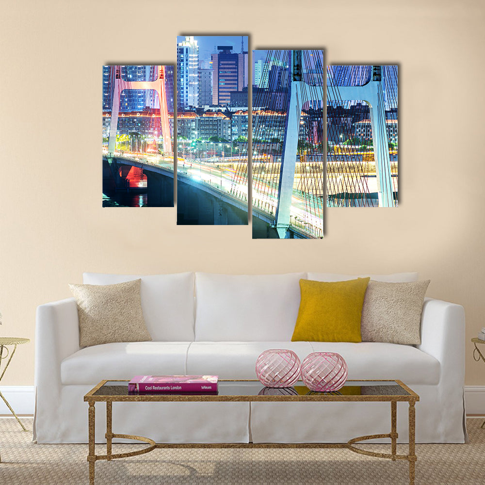 Night view of the bridge and city in shanghai china.  multi panel canvas wall art