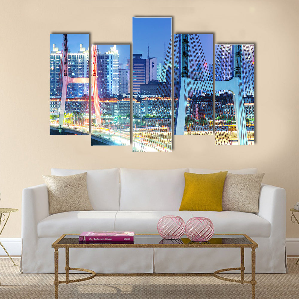 Night view of the bridge and city in shanghai china.  multi panel canvas wall art