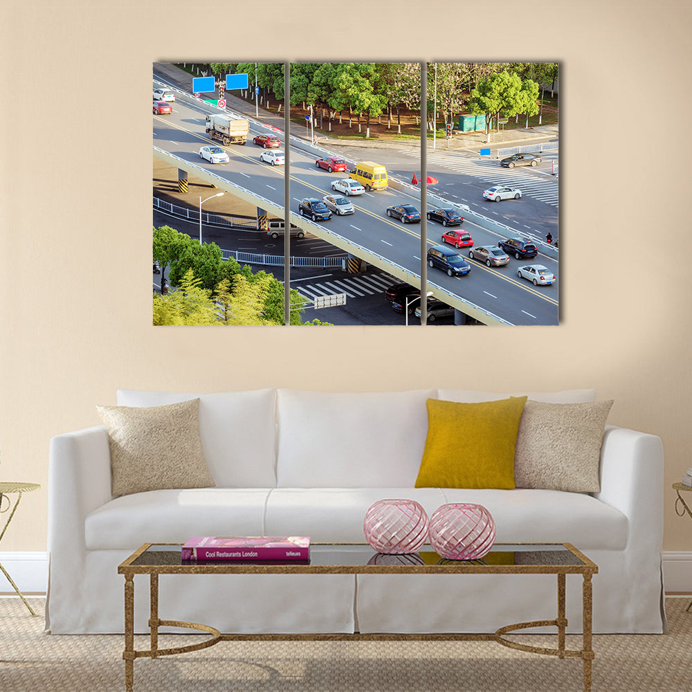 Modern transportation hub, full of Bridge Approach car. multi panel canvas wall art