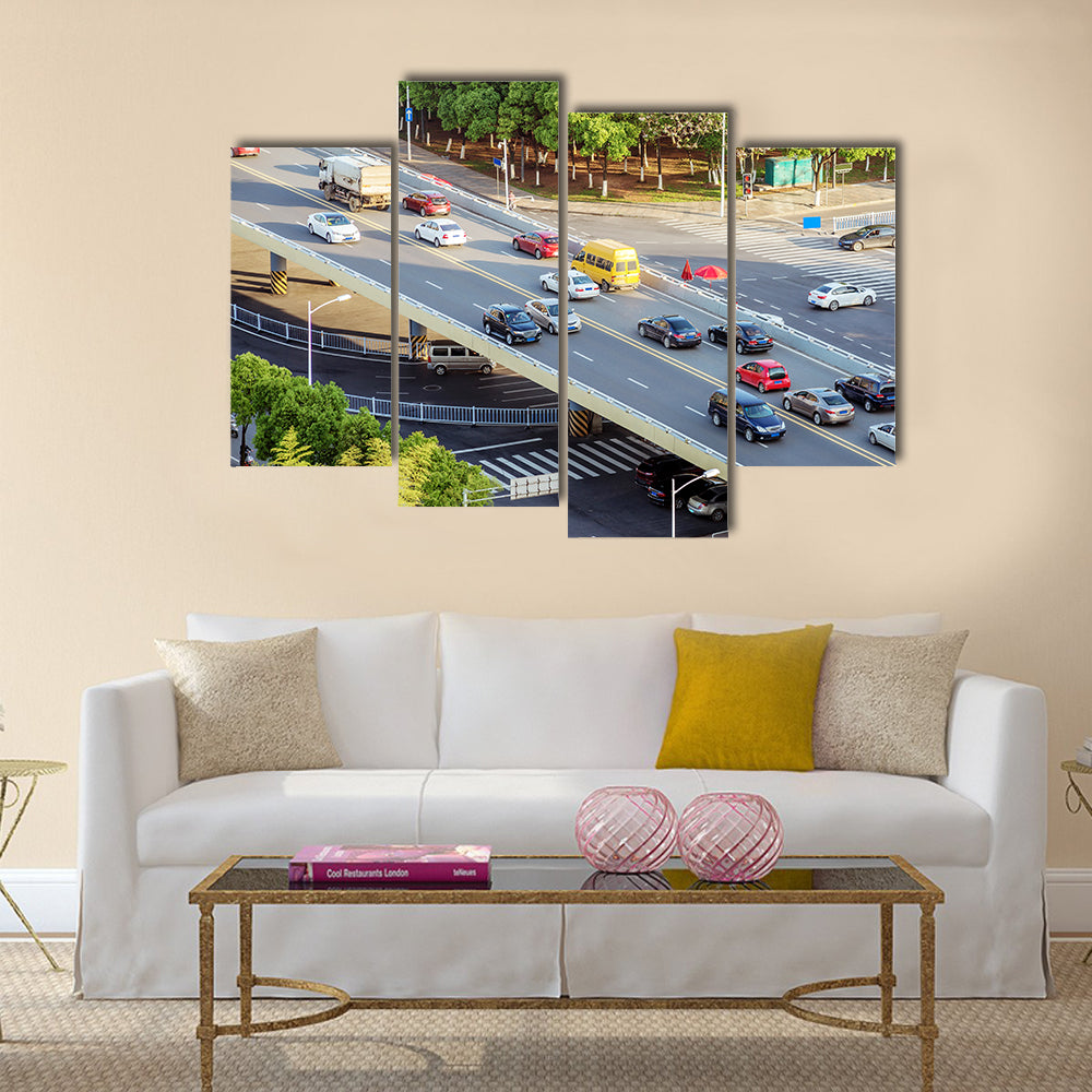 Modern transportation hub, full of Bridge Approach car. multi panel canvas wall art