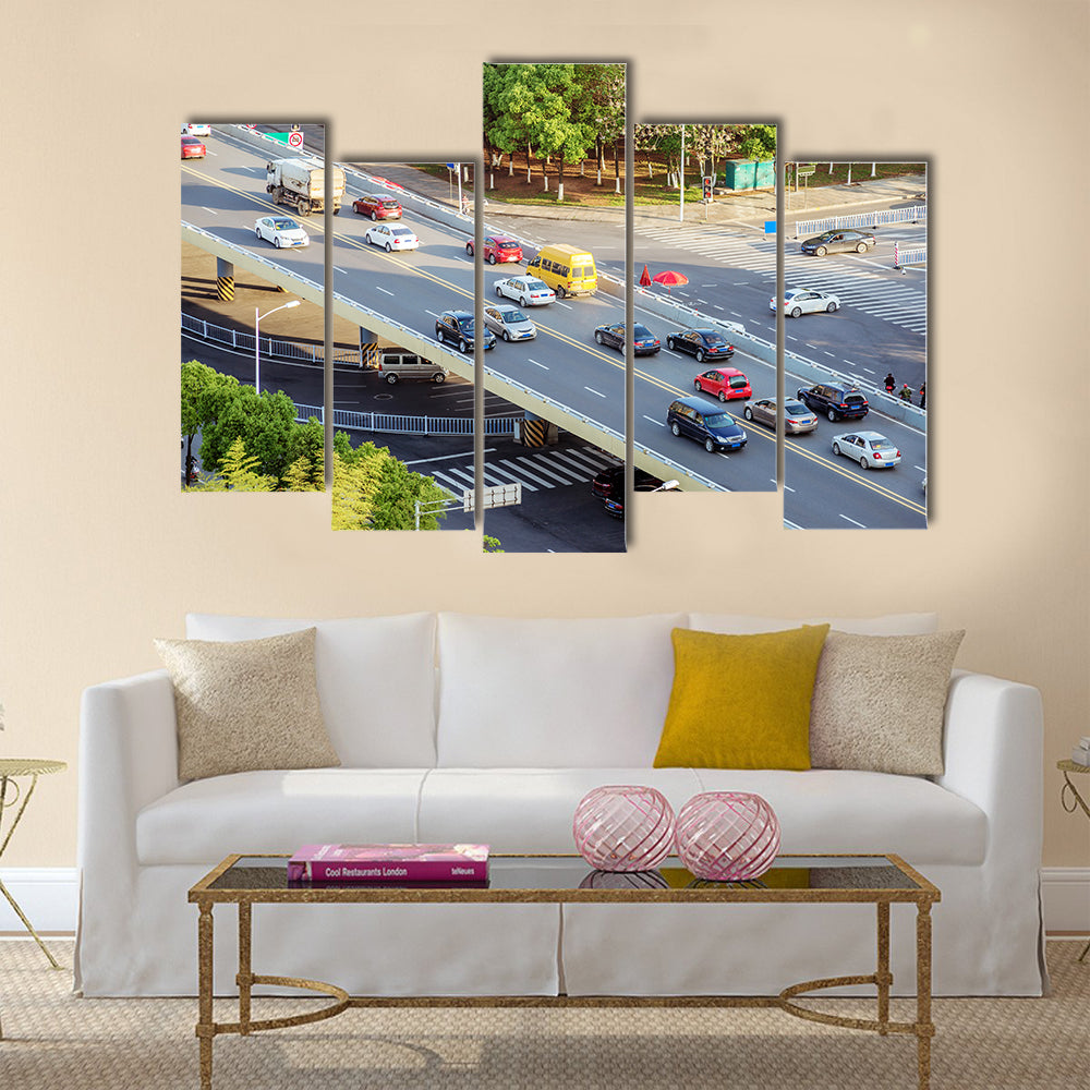 Modern transportation hub, full of Bridge Approach car. multi panel canvas wall art