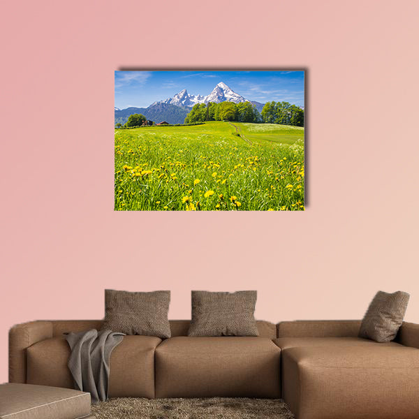 Idyllic landscape in the Alps with fresh green meadows wall art