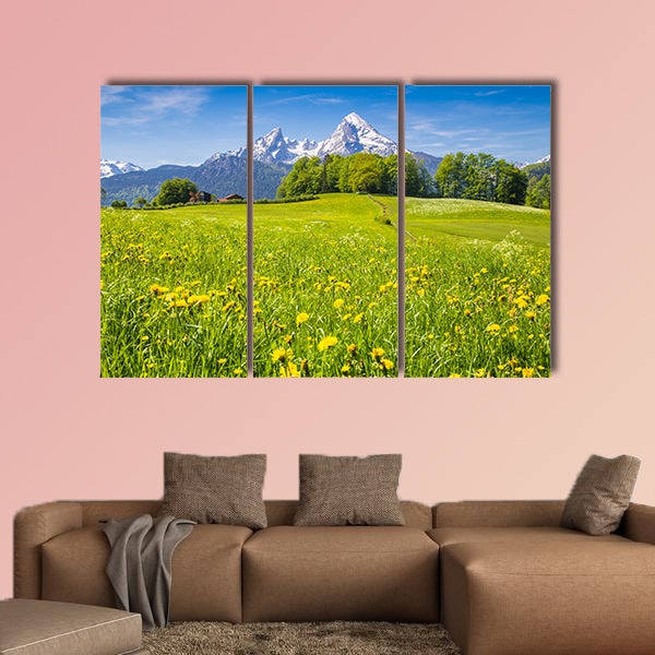Idyllic landscape in the Alps with fresh green meadows wall art