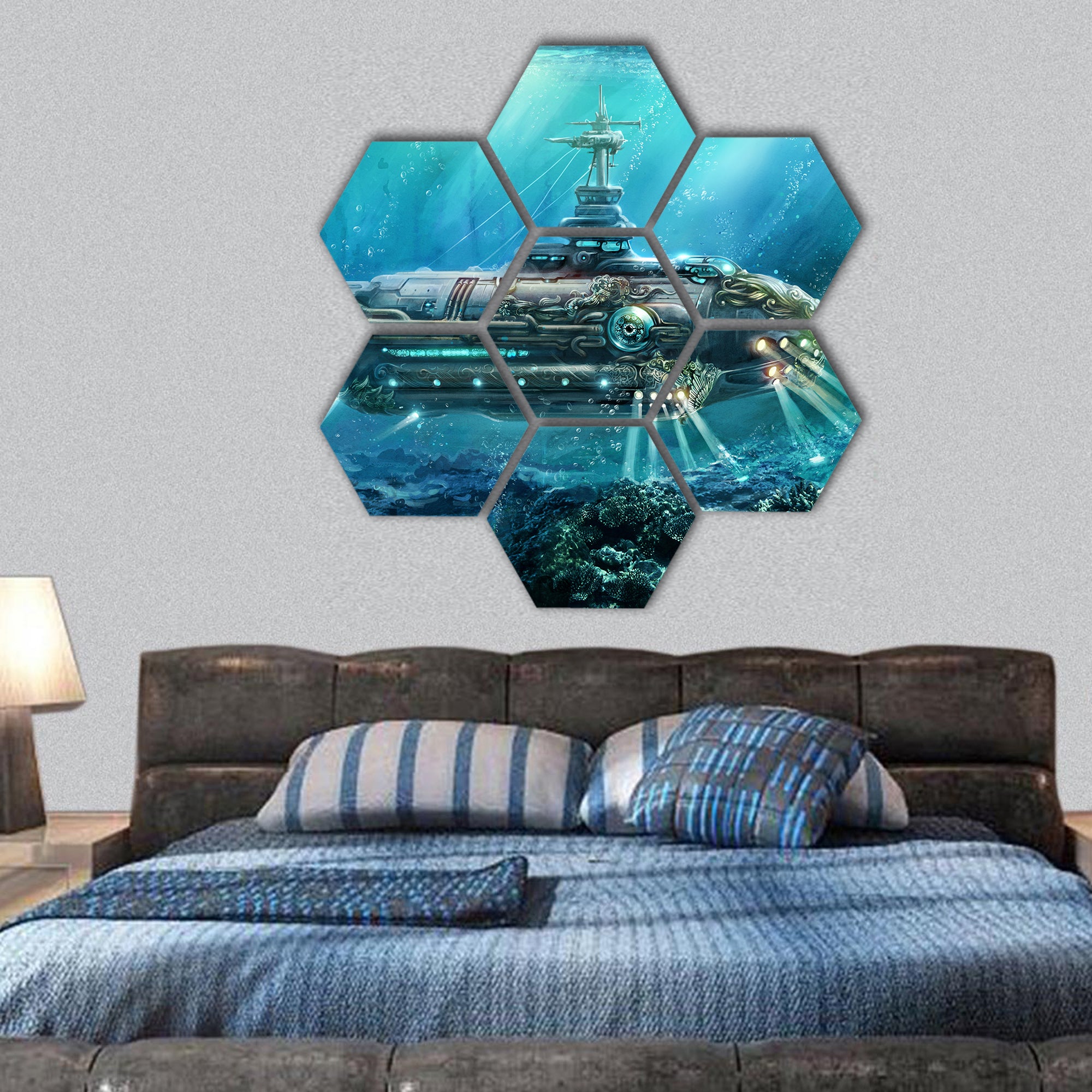 Fantastic submarine in sea hexagonal canvas wall art