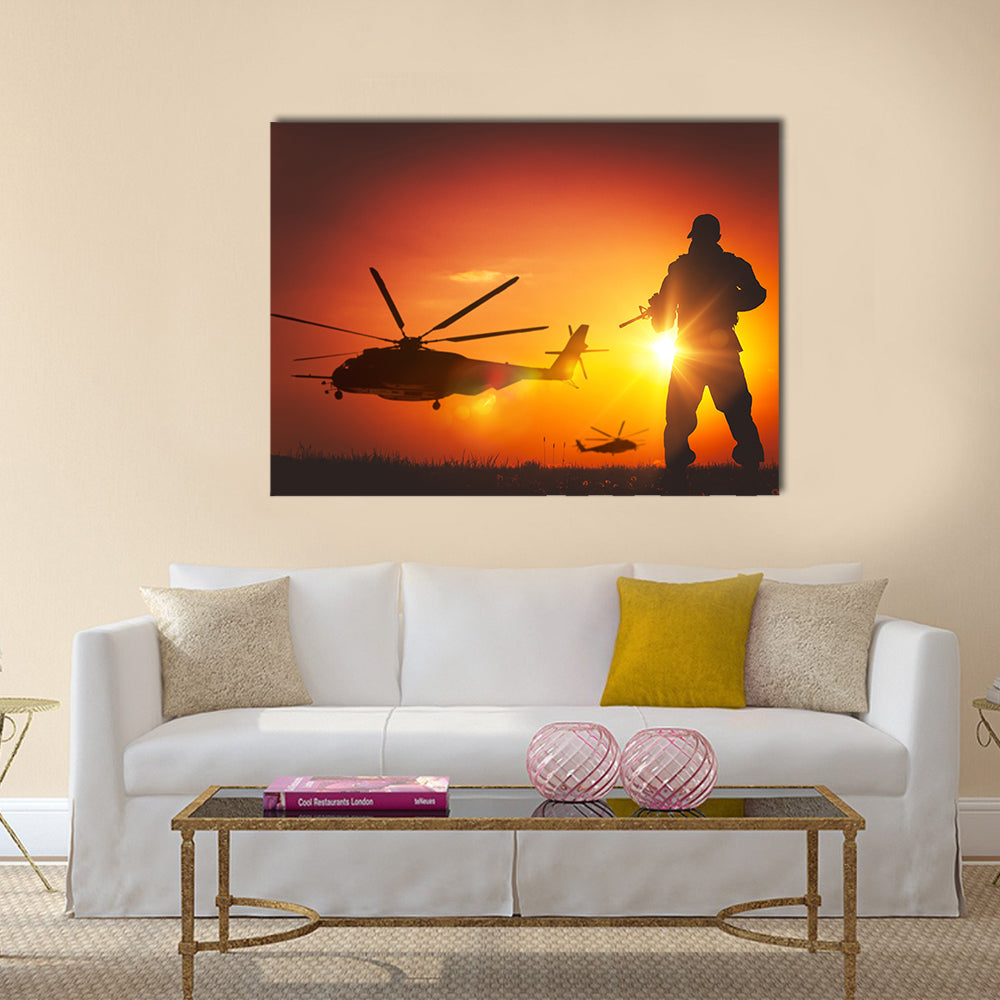 Military Mission at Sunset. Marines Helicopters Air Mission. Soldier with Assault Rifle Cover the Area Multi Panel Canvas Wall Art
