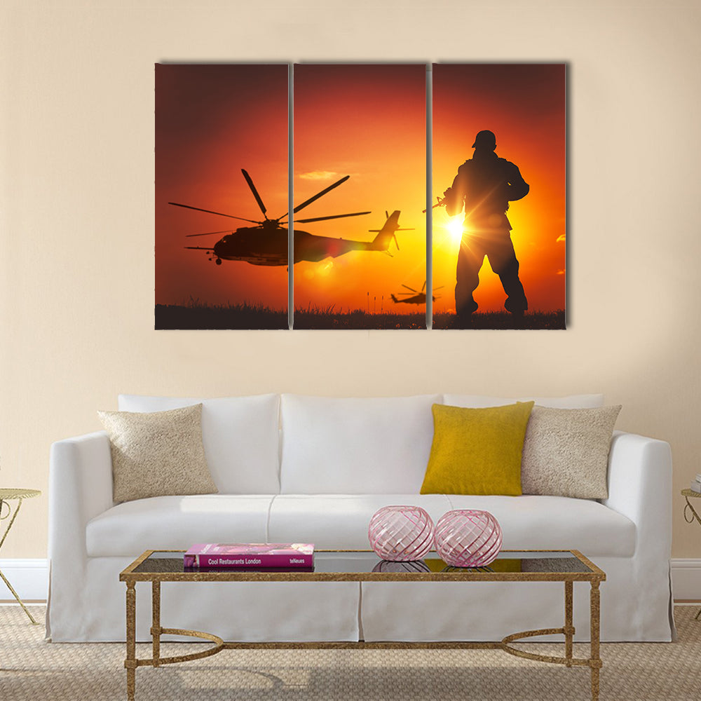 Military Mission at Sunset. Marines Helicopters Air Mission. Soldier with Assault Rifle Cover the Area Multi Panel Canvas Wall Art