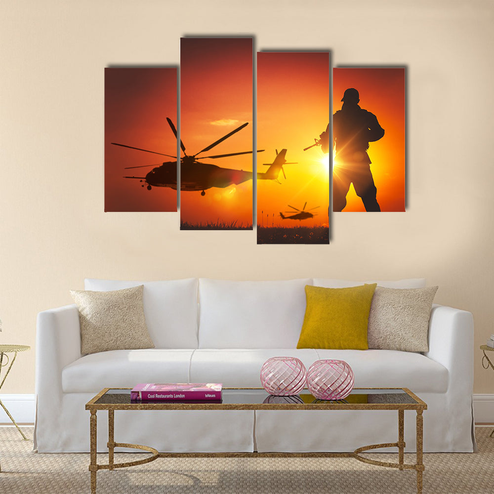 Military Mission at Sunset. Marines Helicopters Air Mission. Soldier with Assault Rifle Cover the Area Multi Panel Canvas Wall Art