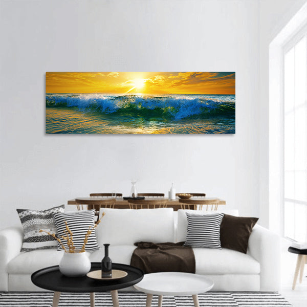 Ocean waves at sunrise panoramic canvas wall art