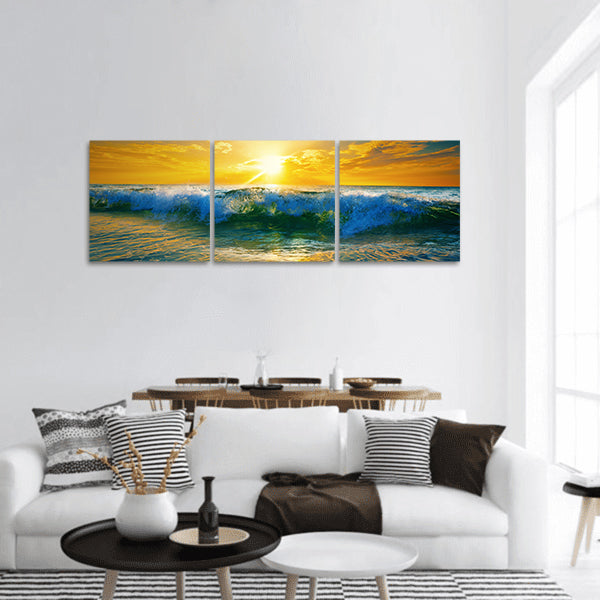 Ocean waves at sunrise panoramic canvas wall art
