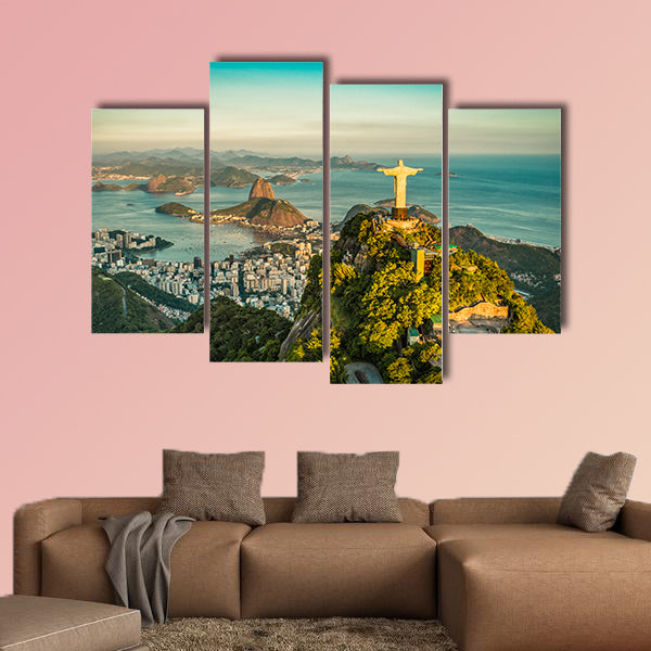 Aerial view of Christ and Botafogo Bay from high angle multi panel canvas wall art