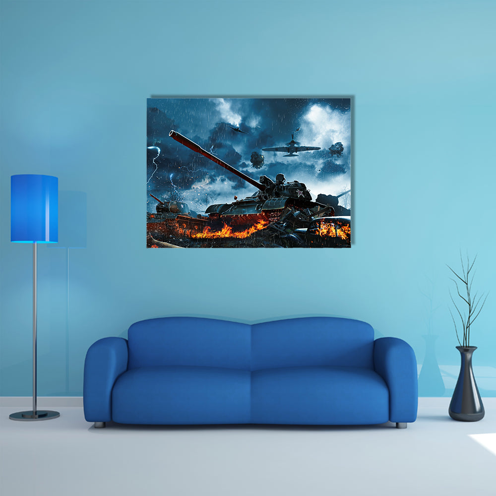 Three Tanks Under Fire From An Aircraft Multi Panel Canvas Wall Art
