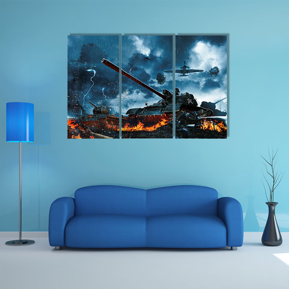 Three Tanks Under Fire From An Aircraft Multi Panel Canvas Wall Art