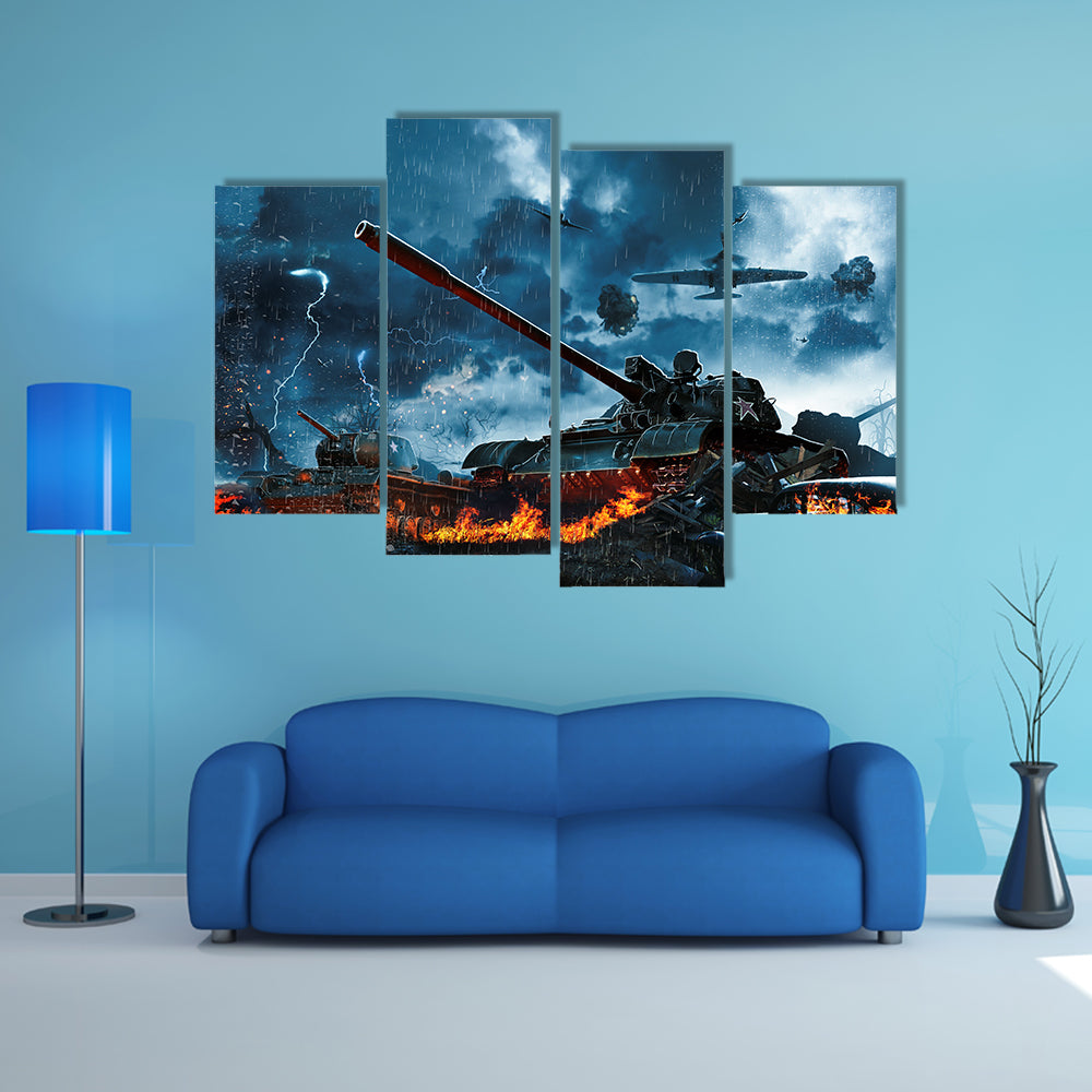 Three Tanks Under Fire From An Aircraft Multi Panel Canvas Wall Art