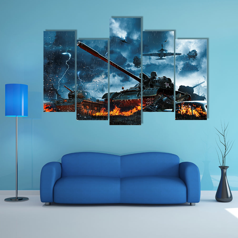 Three Tanks Under Fire From An Aircraft Multi Panel Canvas Wall Art