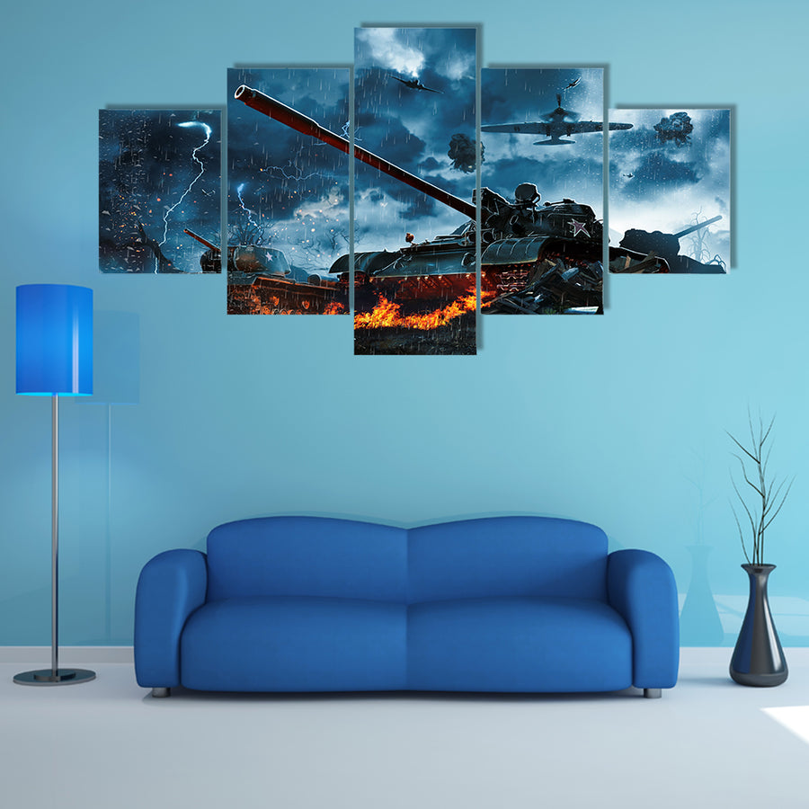 Three Tanks Under Fire From An Aircraft Multi Panel Canvas Wall Art