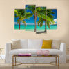 Three palm trees over blue lagoon in Fiji Islands multi panel canvas wall art