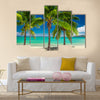 Three palm trees over blue lagoon in Fiji Islands multi panel canvas wall art