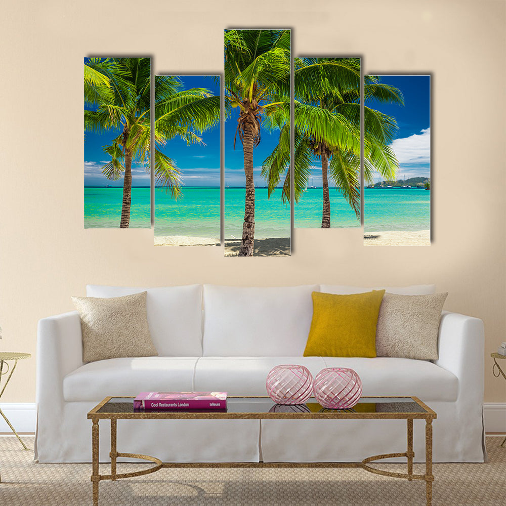 Three palm trees over blue lagoon in Fiji Islands multi panel canvas wall art