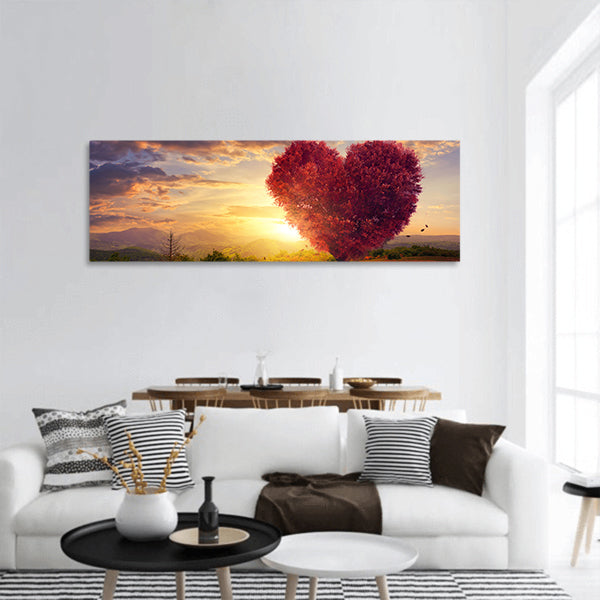 Red heart shaped tree panoramic canvas wall art