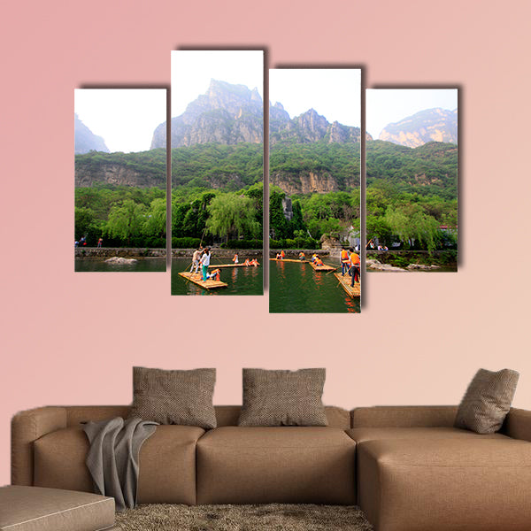 Tourists driving the bamboo raft, yuntai mountain scenic spot, canvas wall art