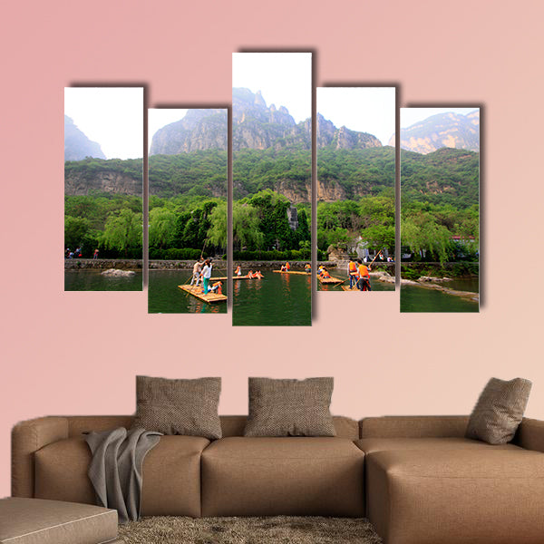Tourists driving the bamboo raft, yuntai mountain scenic spot, canvas wall art