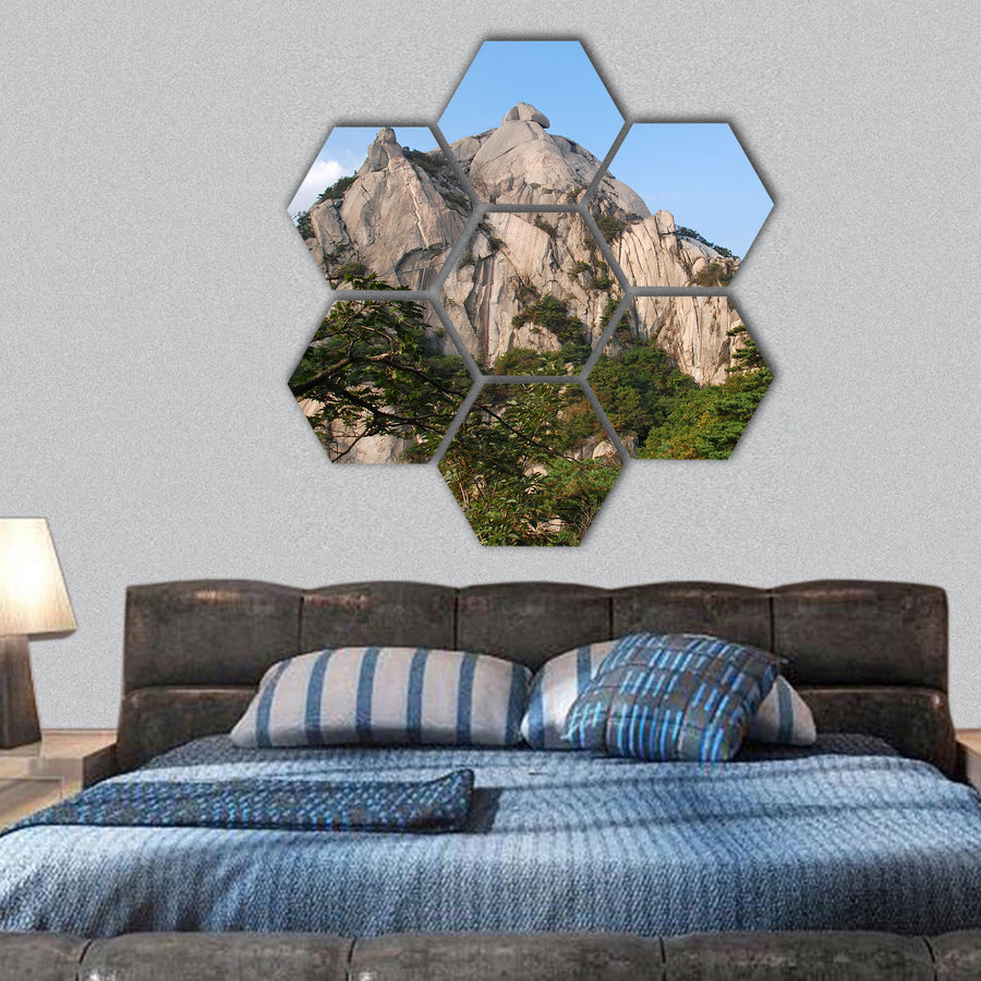 Baegundae peak, mountains Bukhansan in Seoul, Korea hexagonal canvas wall art