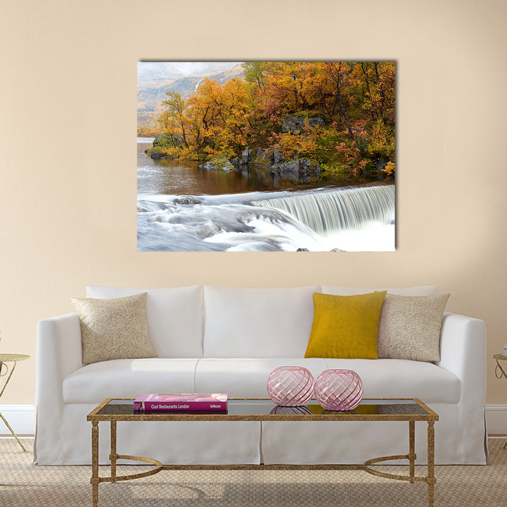 waterfall in the autumn woods, norway multi panel canvas wall art