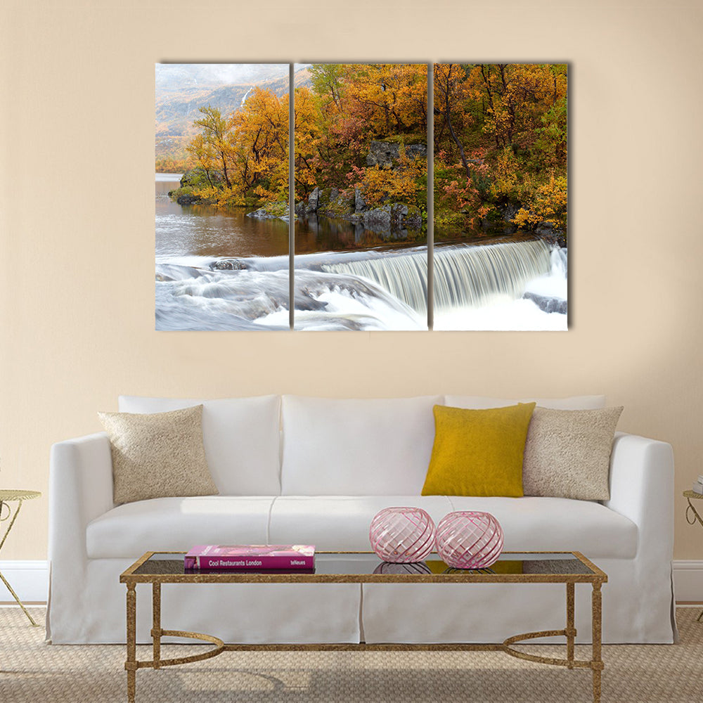 waterfall in the autumn woods, norway multi panel canvas wall art