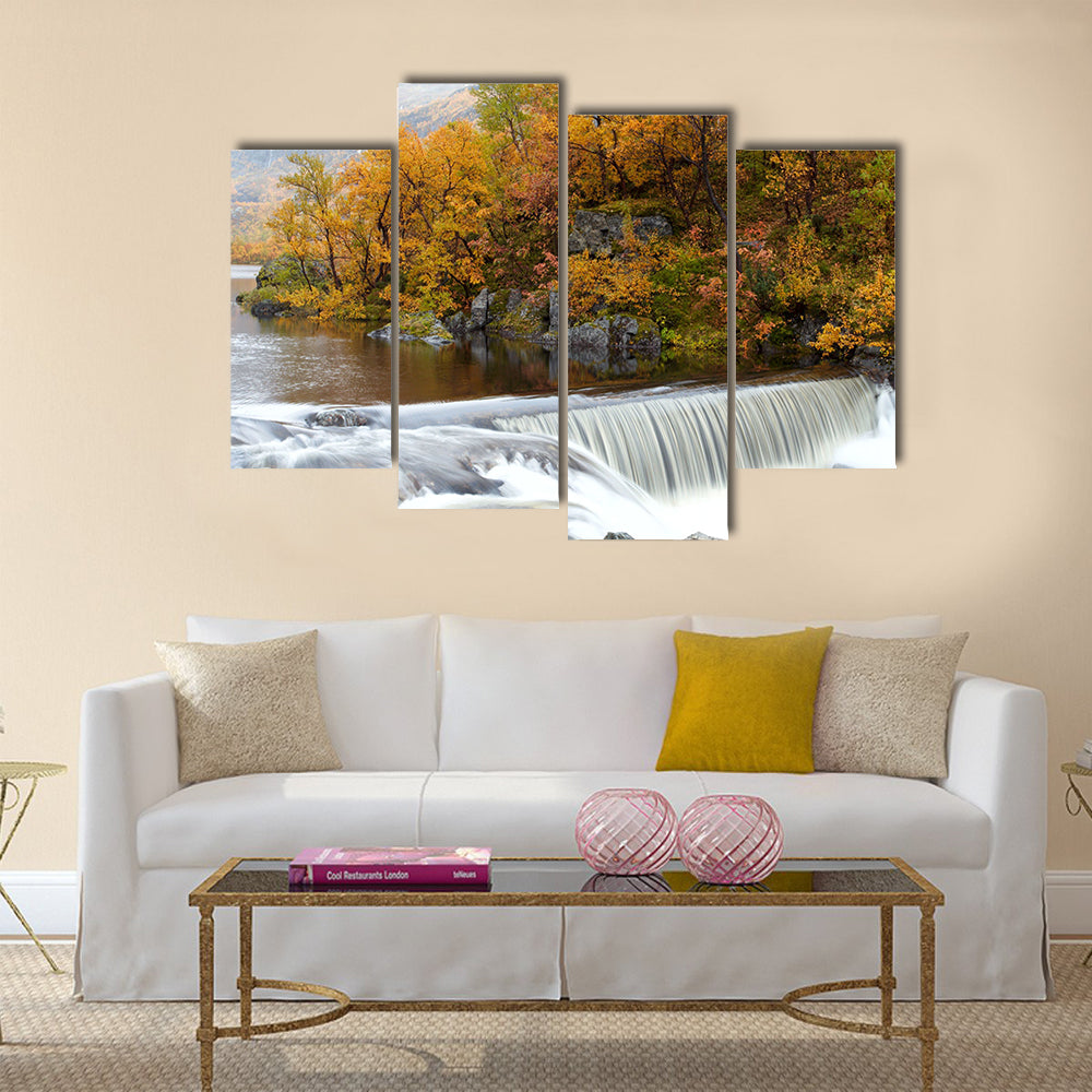 waterfall in the autumn woods, norway multi panel canvas wall art